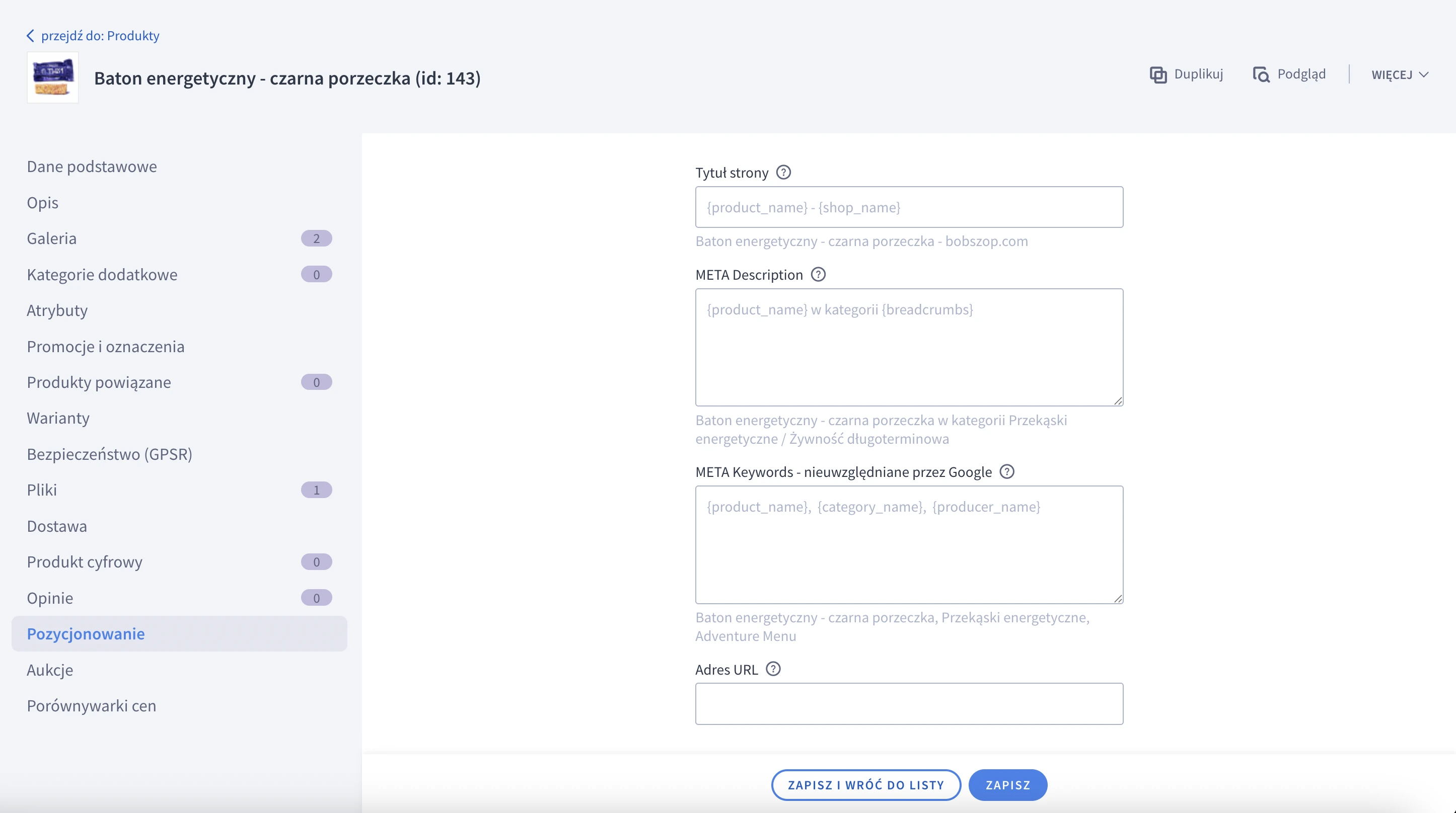 puste opisy techniczne w sekcji seo dla produktow na shoperze