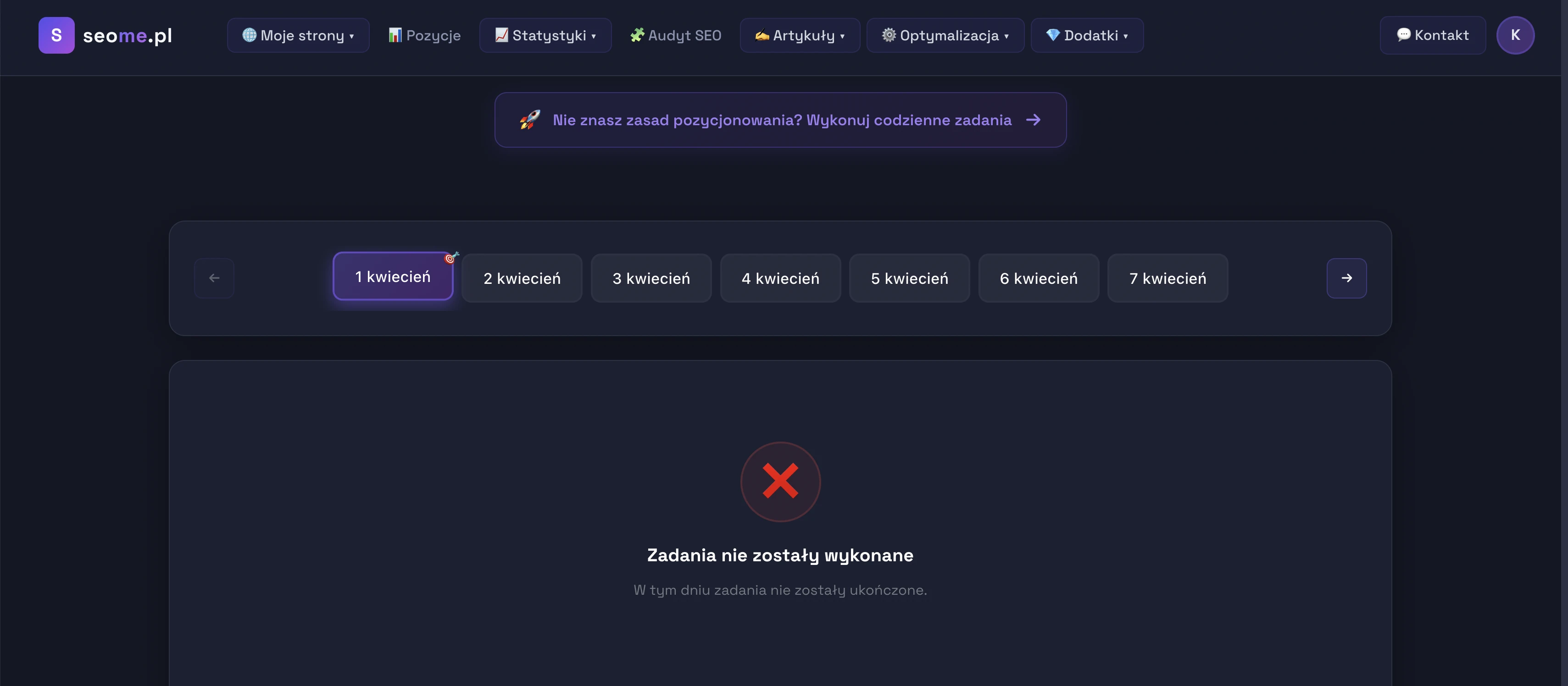 widok z aplikacji seome.pl na codzienne zadania seo