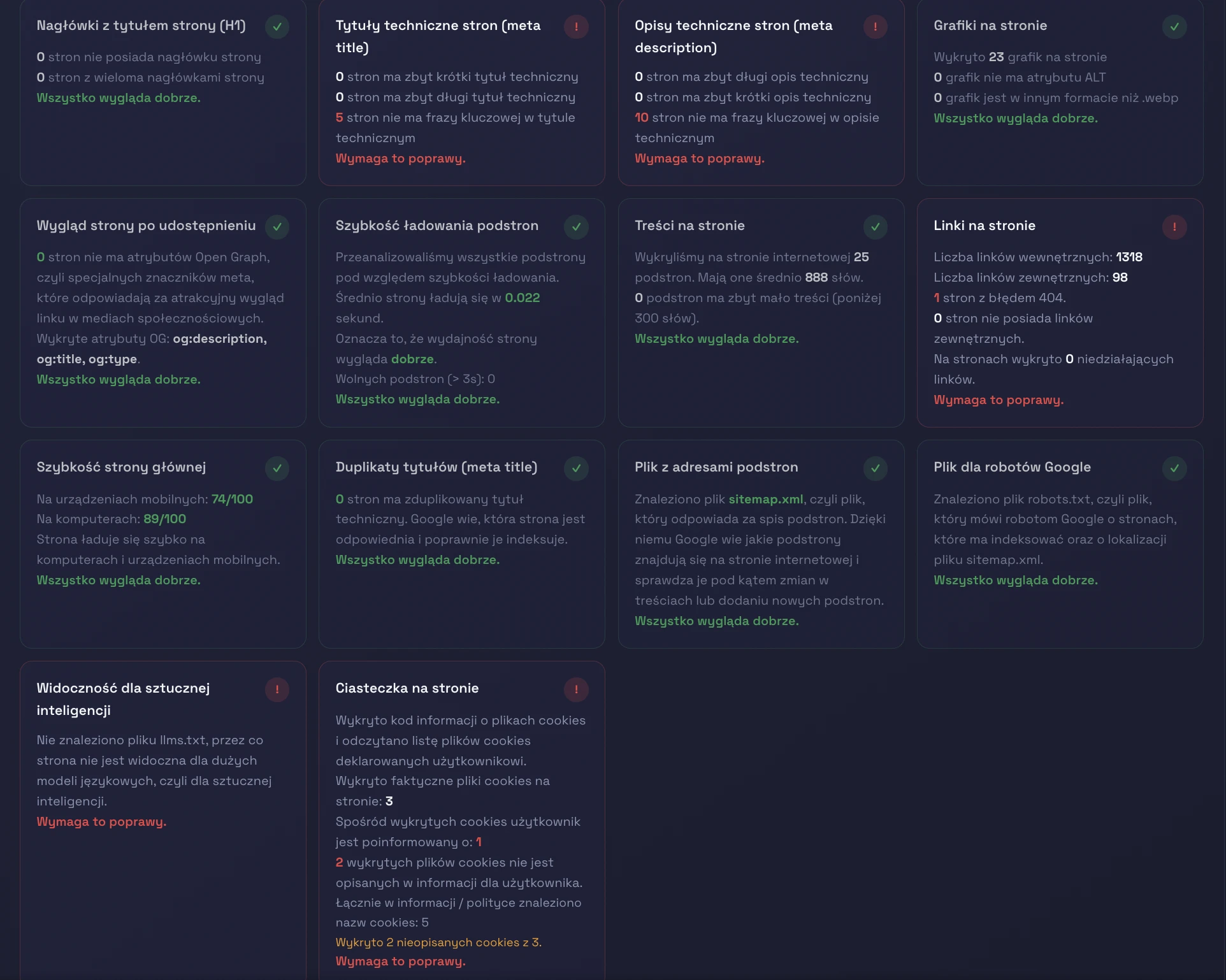 wynik zaawansowanego audytu seo dostepnego w aplikacji seome.pl
