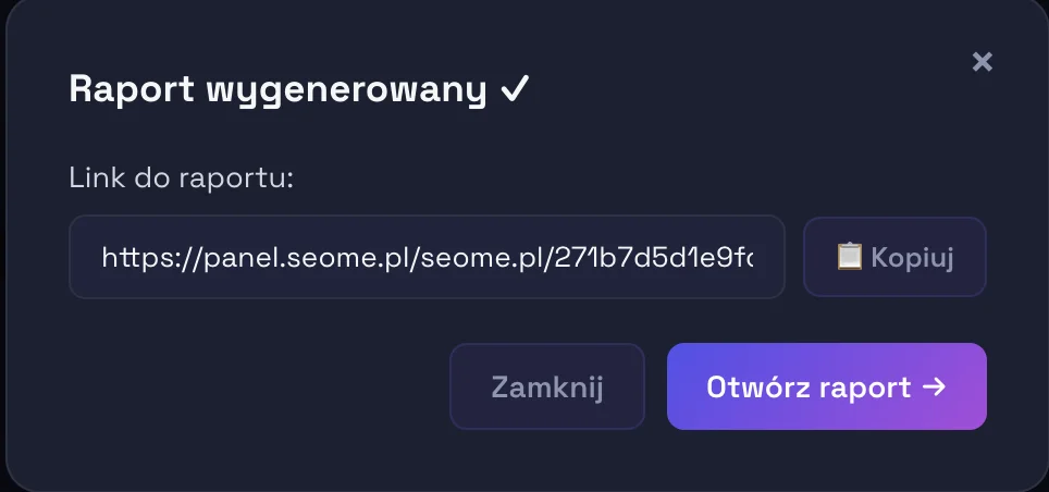 informacja o wygenerowanym raporcie pozycji fraz kluczowych przez panel seome.pl